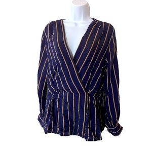Topshop Long Sleeve Striped Navy Blue & Tan Blouse - Size 12